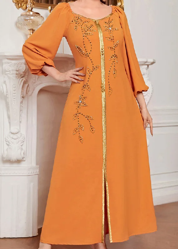 Chic Orange Square Collar Embroideried Lace Patchwork Silk Maxi Vacation Dresses Long Sleeve Full Lace Dress