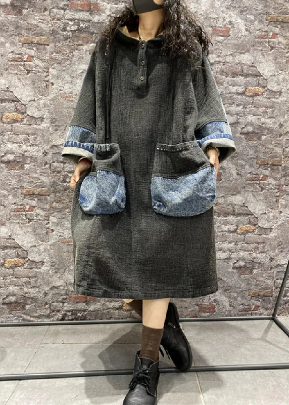 Black Button Patchwork Denim Dress Lace Up Long Sleeve Tiered Lace Dress