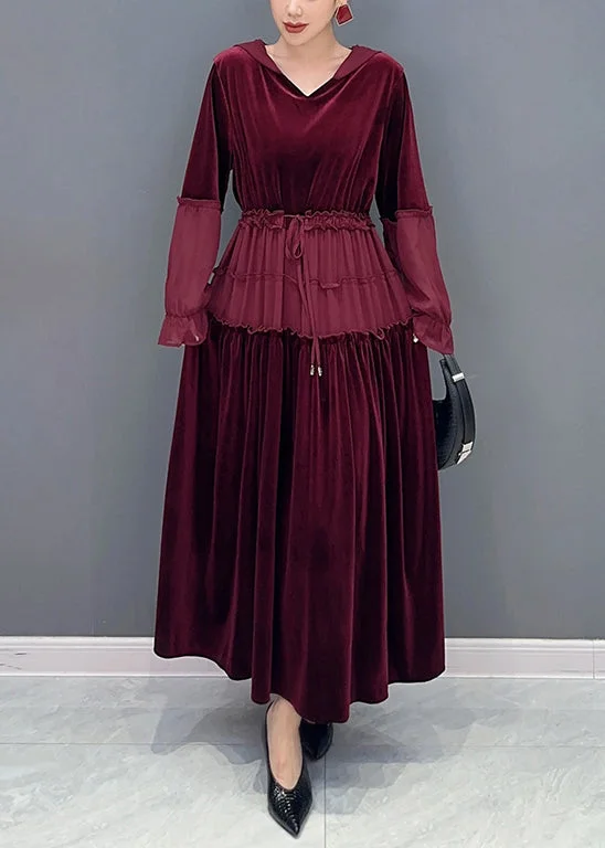 Elegant Wine Red Ruffled Lace Up Patchwork Velour Long Dresses Fall Chic Lace Dress