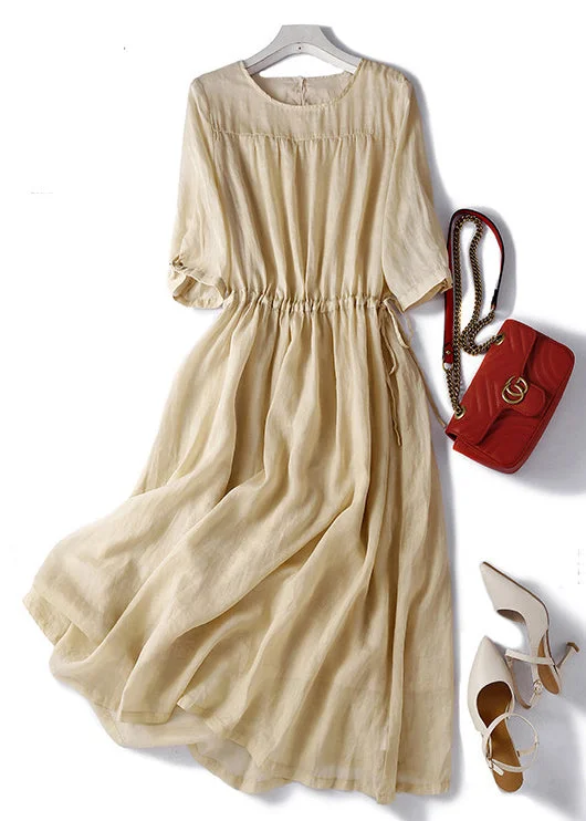 Women Light Khaki O Neck Lace Up Cotton Dress Summer Simple Lace Gown