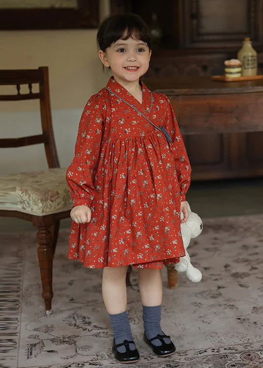 New Red Lace Up Wrinkled Print Patchwork Cotton Kids Girls Dresses Fall Lace Dress Design