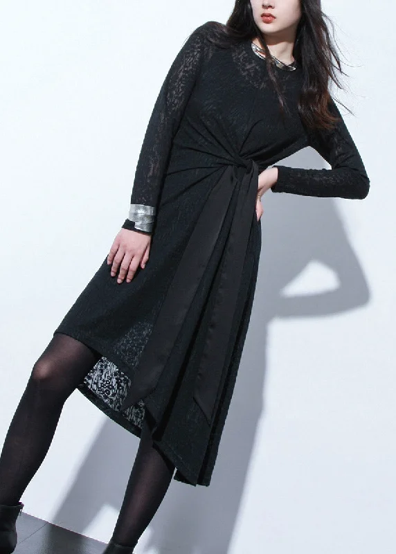 Style Black O-Neck Hollow Out Low High Design Lace Long Dress Long Sleeve Lace Detail Gown