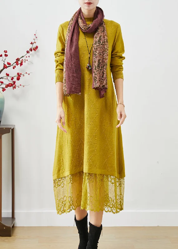 Simple Yellow Stand Collar Lace Patchwork Knit Long Dress Fall Lace Evening Dress