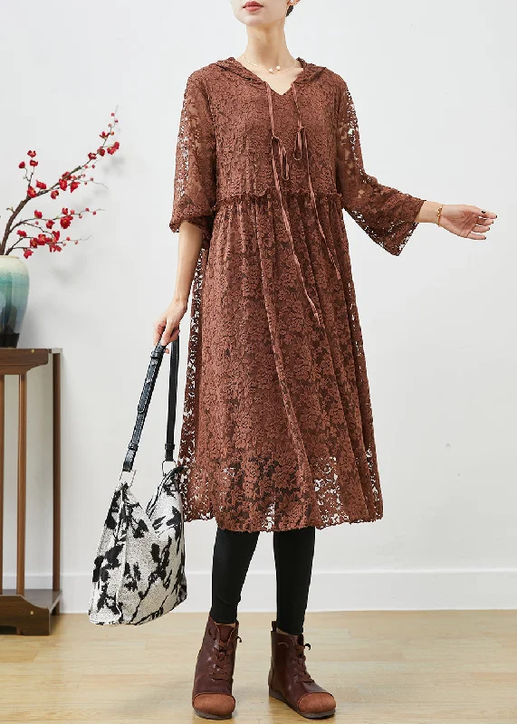 Elegant Coffee Hooded Ruffled Lace Dresses Fall Lace Dress Deep V