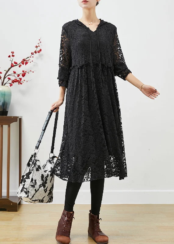 Black Lace Robe Dresses Hooded Exra Large Hem Fall Lace Dress for Weddings