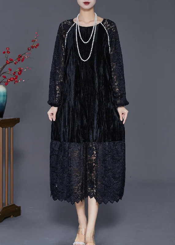 Diy Black Hollow Out Lace Patchwork Silk Velour Maxi Dresses Fall Satin Lace Dress