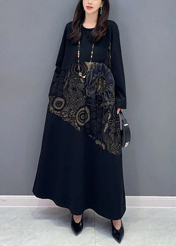 Jacquard Black Lace Up Pockets Cotton Long Dresses Long Sleeve Sexy Lace Dress