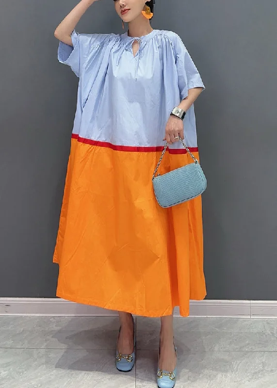 Loose Orange Lace Up Patchwork Cotton Long Dresses Summer Lace Dress Perfect