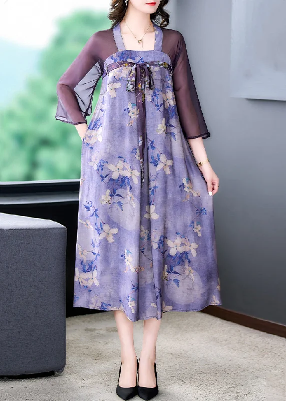 Classy Purple Lace Up Print Patchwork Silk Dress Half Sleeve Lace Dress Day