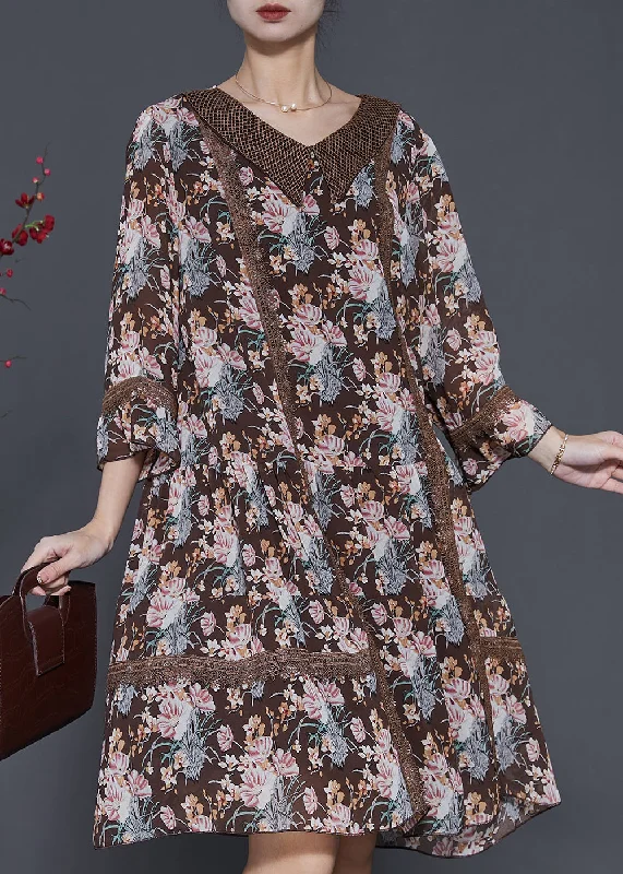 Fine Brown Print Patchwork Lace Cotton Vacation Dresses Spring Lace Dress Vibe