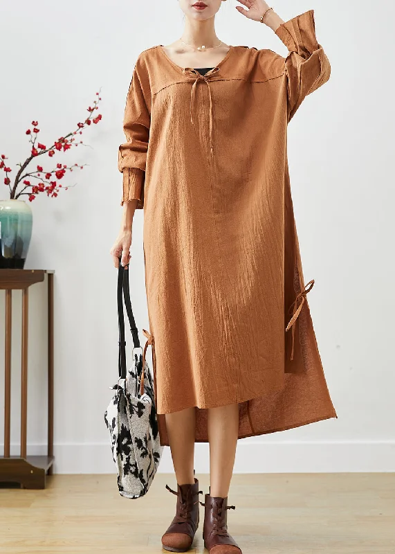 DIY Khaki Oversized Lace Up Linen Long Dress Fall Lace Skater Dress