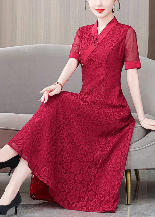 Fine Red V Neck Lace Embroidered Long Dresses Summer Lace Dress Lace