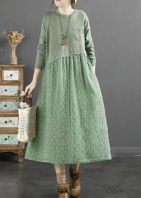 Natural Green O Neck Print Lace Patchwork Cotton Dresses Fall Lace Dress Bohemian