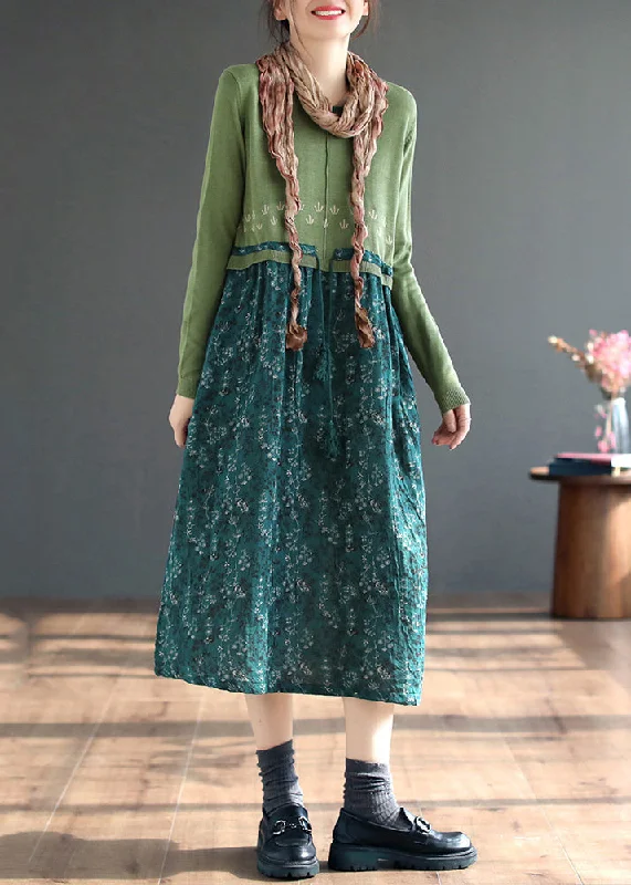 Green Lace Up Patchwork Knitting Dress O Neck Long Sleeve Elegant Lace Dress