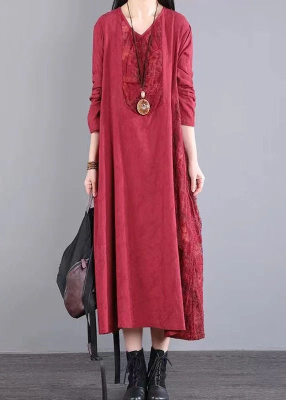 Red Pockets Patchwork Cotton Long Dress V Neck Lace Hollow Out Fall Lace Detail Dress