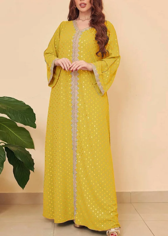 Simple Yellow Dot Lace Patchwork Silk Dress Long Sleeve Lace Evening Gown