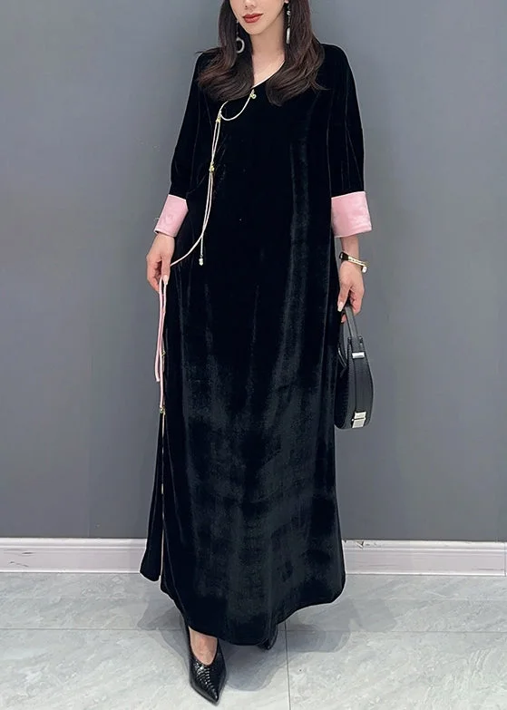 Women Black Lace Up Side Open Patchwork Velour Long Dress Fall Black Lace Dress