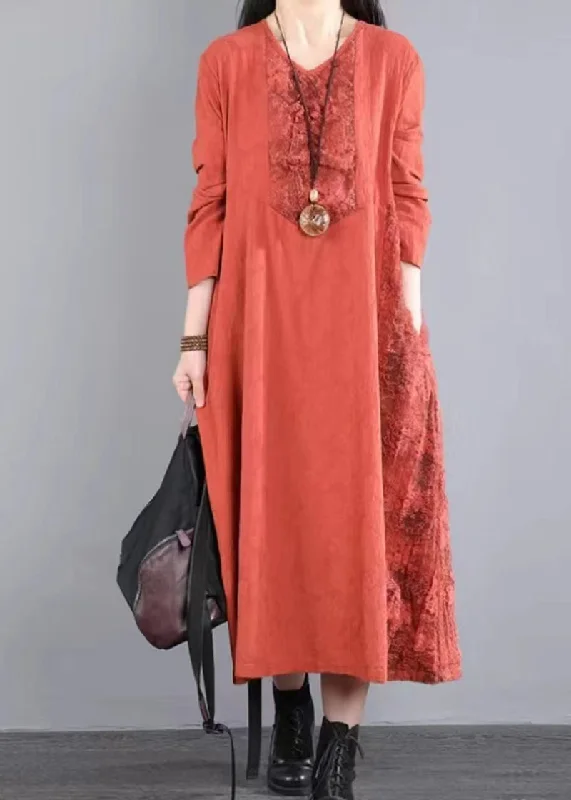 Original Orange V Neck Hollow Out Lace Patchwork Cotton Long Dresses Fall Lace Cocktail Gown