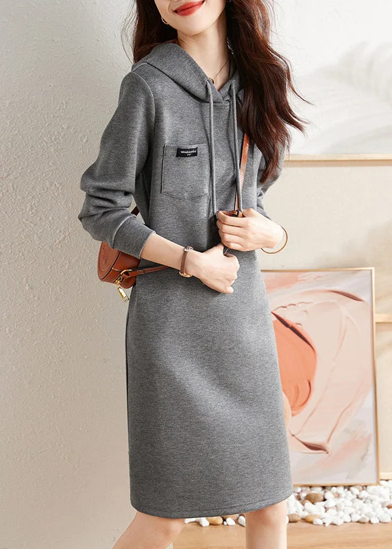 Casual Grey Hooded Lace Up Patchwork Cotton Dress Fall Modern Lace Dress