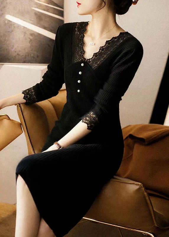 Elegant Black V Neck Lace Patchwork Woolen Dress Fall Casual Lace Dress