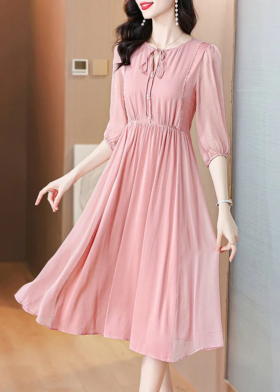 Beautiful Pink Lace Up Wrinkled Chiffon Dress Summer Lace Mini Dress