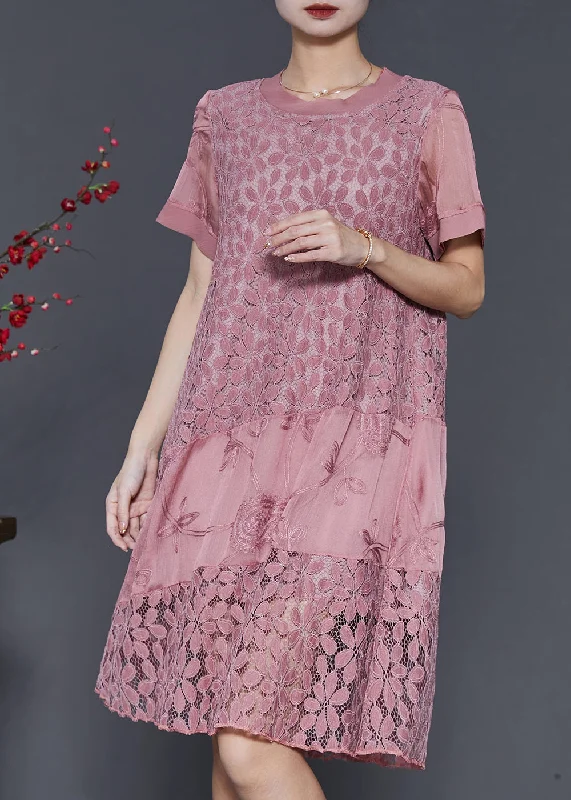 Loose Pink Embroidered Patchwork Lace Dress Summer Lace Dress Twirl