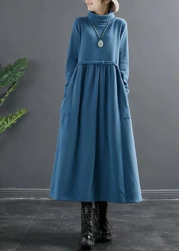 Italian Blue Hign Neck Lace Up Patchwork Cotton Long Dresses Fall Lace Dress Trend