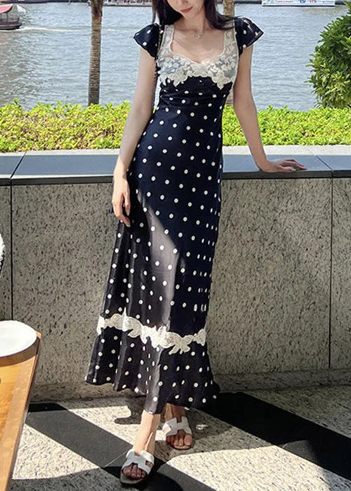 New Black Print Lace Patchwork Long Dresses Summer Lace Wedding Dress