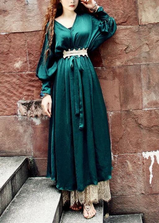 French Blackish Green V Neck Lace Patchwork Silk Maxi Dresses Batwing Sleeve Vintage Lace Dress