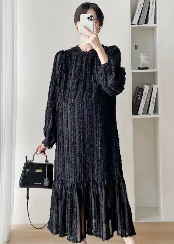 Fashion Black Stand Collar WrinkledPatchwork Lace Dress Fall Lace Dress Elegance