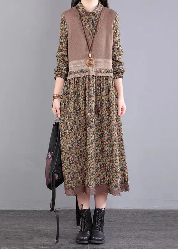 Vintage Flower Knitted Lace Drawstring Splice Fake Two Piece Dress Autumn Simple Lace Dress