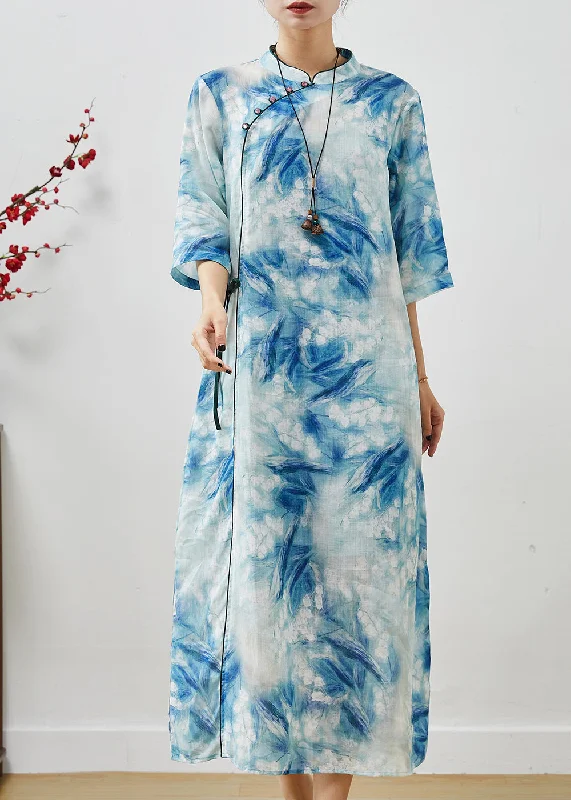 Women Blue Print Lace Up Linen Cheongsam Dresses Summer Lace Dress Glow