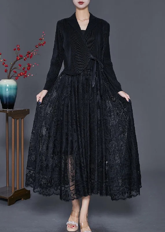 Unique Black Tie Waist Lace Patchwork Silk Velour Maxi Dresses Fall Lace Bridesmaid Dress