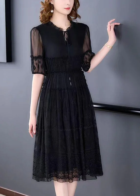 New Black Ruffled Embroidered Lace Up Silk Dresses Summer Lace Dress with Belt