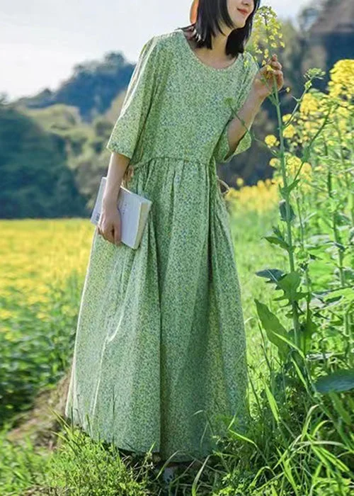 Beautiful Green O Neck Print Lace Up Cotton Dresses Half Sleeve Lace Dress Formal