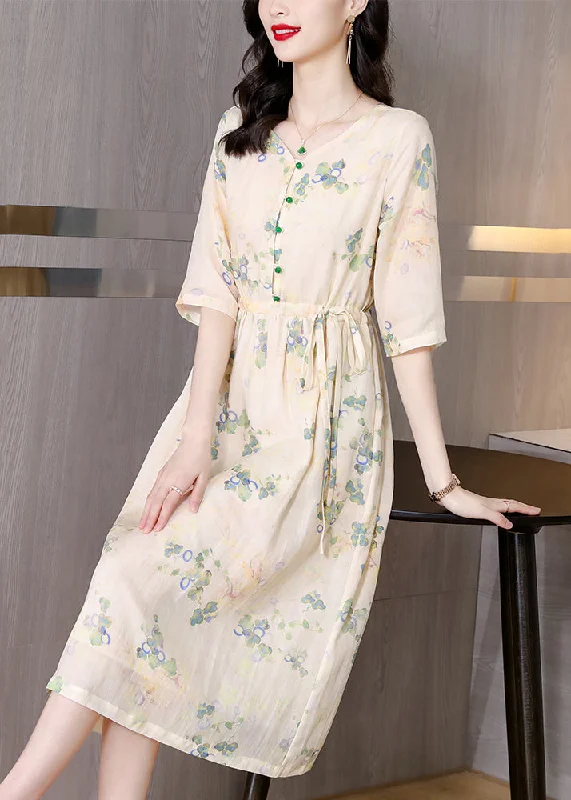 French Yellow Print Lace Up Pockets Linen Dresses Half Sleeve Lace Dress Layers