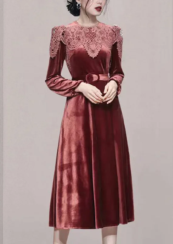 Fashion Brick Red Lace Tunic Patchwork Velour Long Dresses Fall Lace Shift Dress