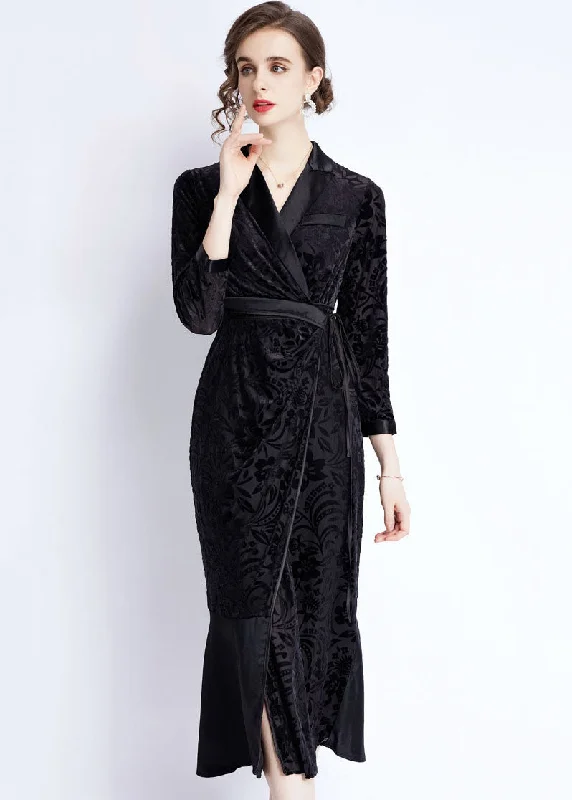 Women Black Notched Lace Up Jacquard Patchwork Silk Long Dresses Fall Lace Dress Glamorous