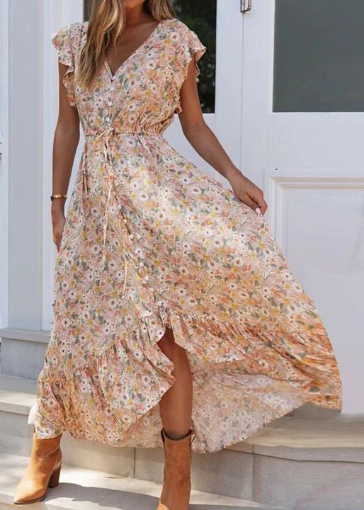 New Ruffled Lace Up Print Chiffon Dresses Summer Lace Dress Sparkle