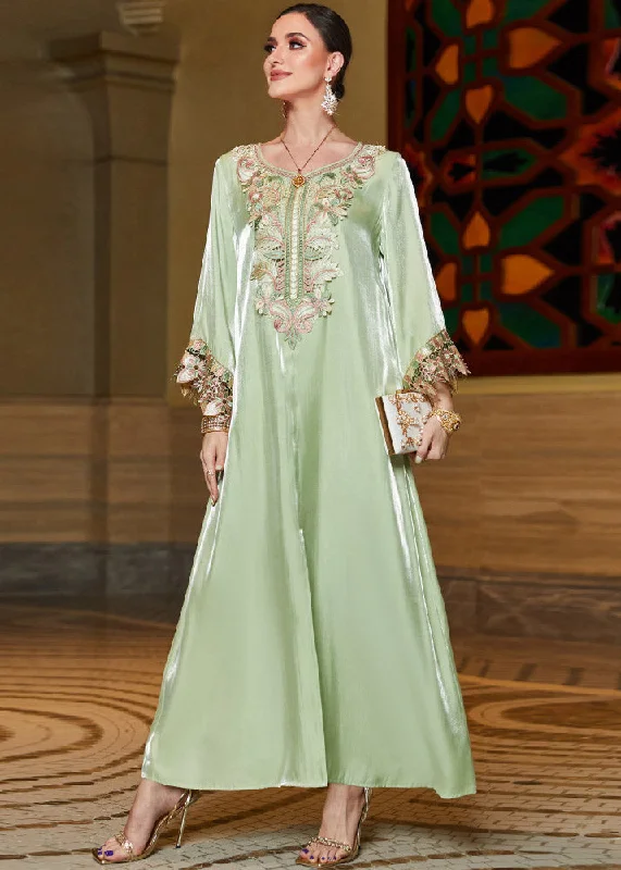 Fitted Light Green O-Neck Embroideried Lace Patchwork Silk Long Dress Fall Elegant Lace Design