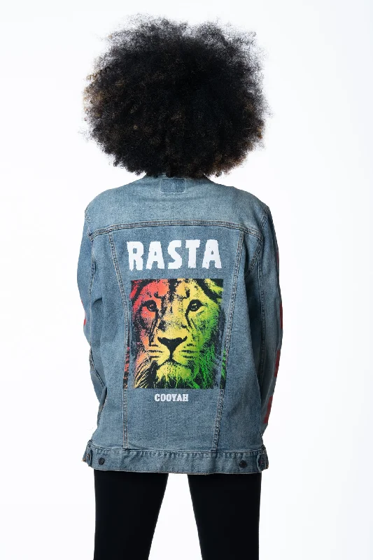 Rasta Lion Hand-Printed Denim Jacket Soft Hooded Sweatshirt