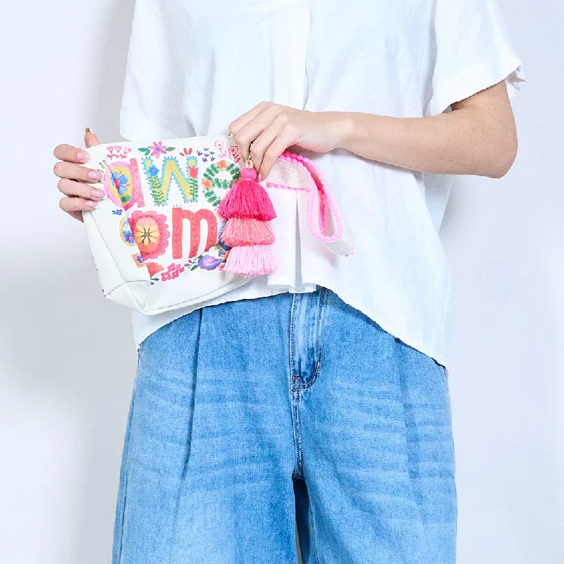 Embroidered "Awesome" pouch with tassel charm wholesale