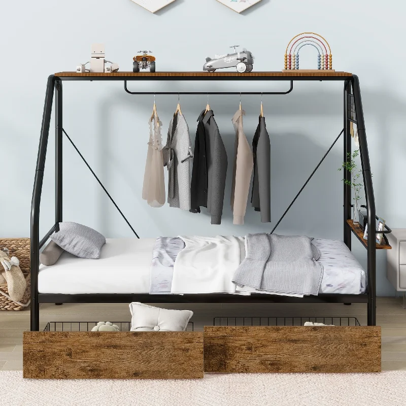 Twin Size Platform Daybed Frame, Drawers with Wheel, Metal Bed Frame