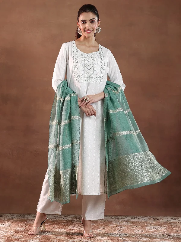 Off White Yoke Design Cotton Blend Straight Suit With Dupatta
