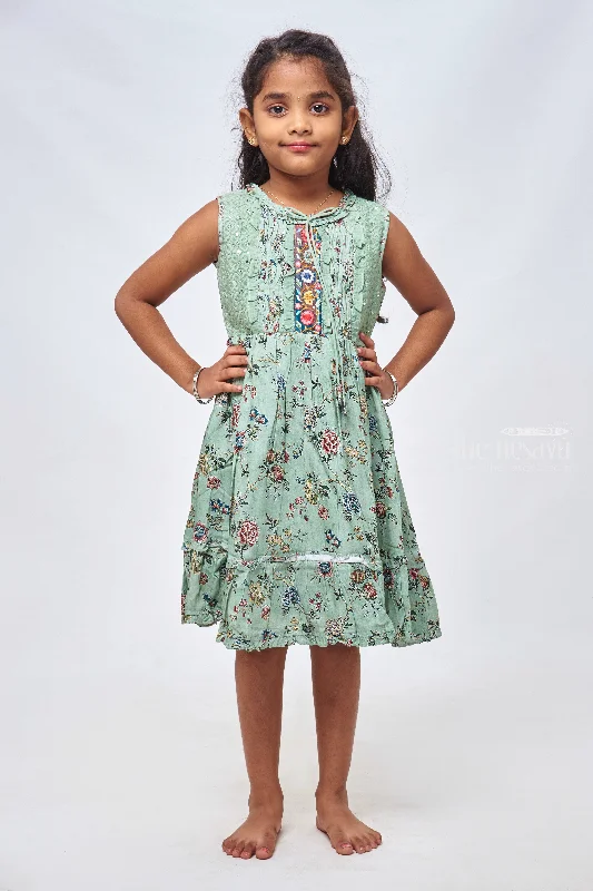 Blue Blossom: Girls Sleeveless Floral Cotton Frock