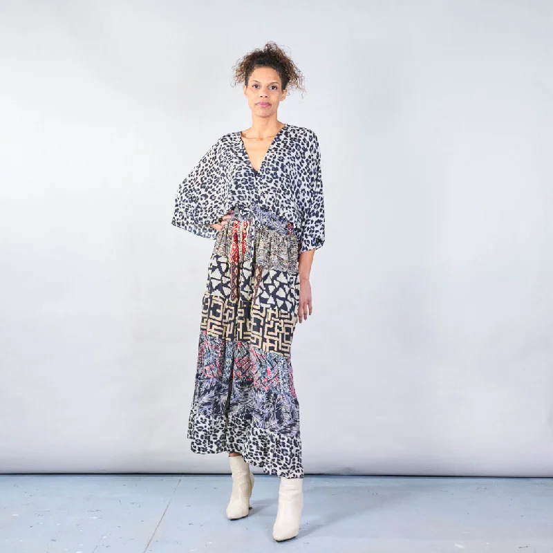 Mixed print boho maxi dress with leopard accents wholesale