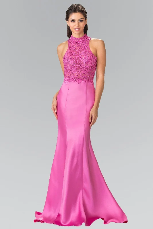 Long Embroidered Illusion Dress with Ruffled Back by Elizabeth K GL2227