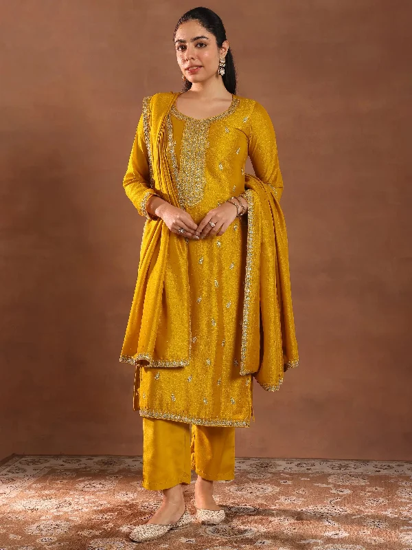 Mustard Embroidered Silk Blend Straight Suit With Dupatta