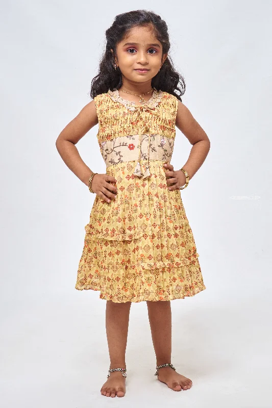 Sunny Vibes: Floral Printed Pleated Yellow Cotton Frock for Girls