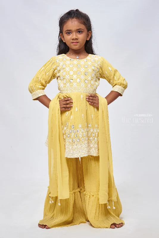 Radiant Sequence Embroidered Pleated Yellow Kurti & Gharara: Festive Charm for Girls